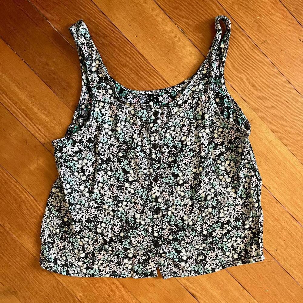SO Clothing Vintage Y2K Black & Pastel Daisy Button-Up Tank, Size S